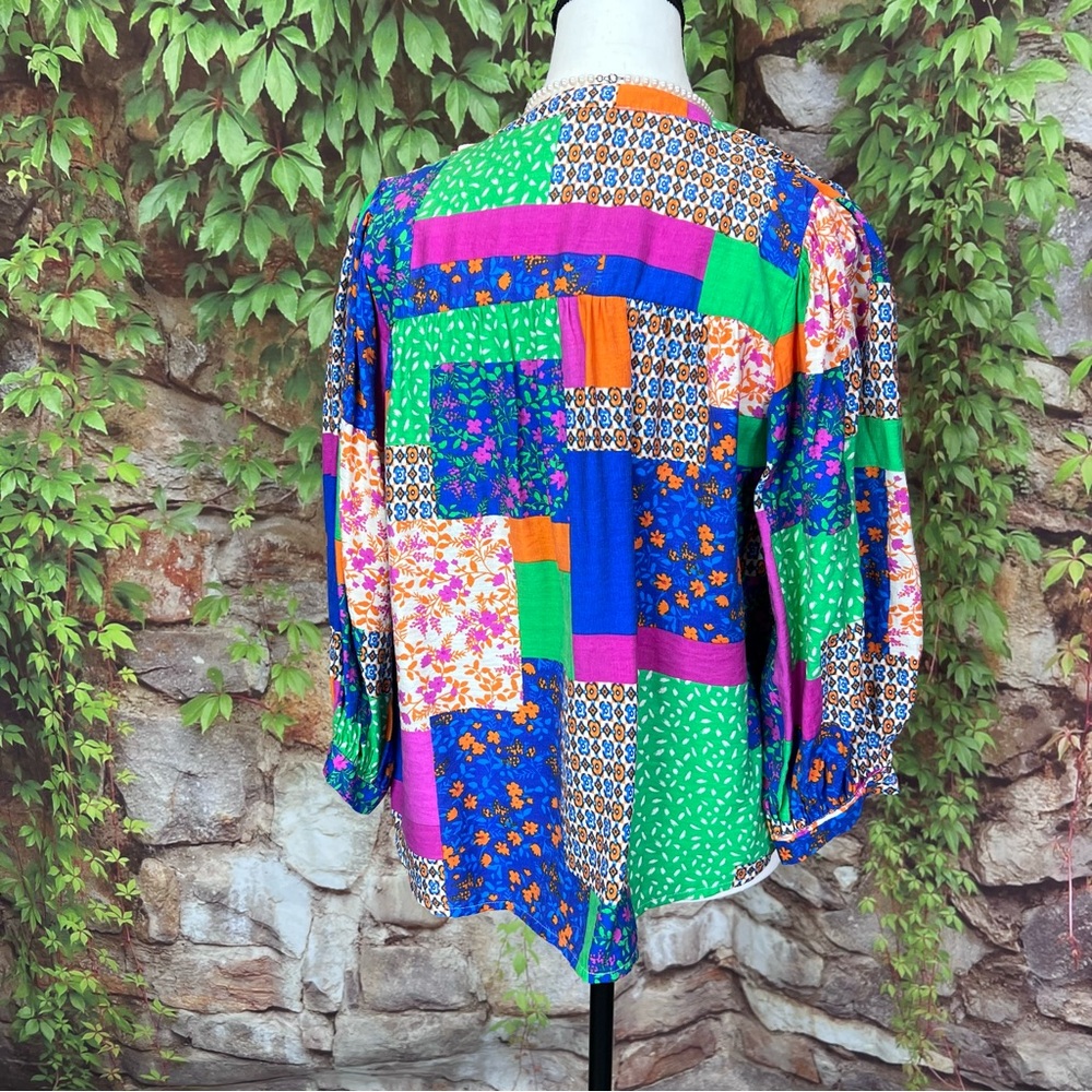 FATE Mixed Media Half-Placket Patchwork Blouse, S - image 6